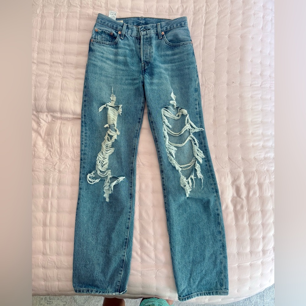 Levi's Premium 501 '90s Jeans Women 25x32 Blue Straight Destroyed American Denim